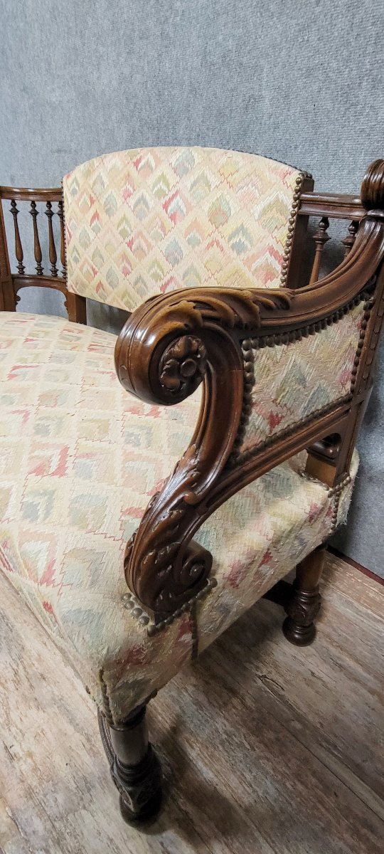 Banquette d'alcove de style Louis XIII en noyer massif -photo-3