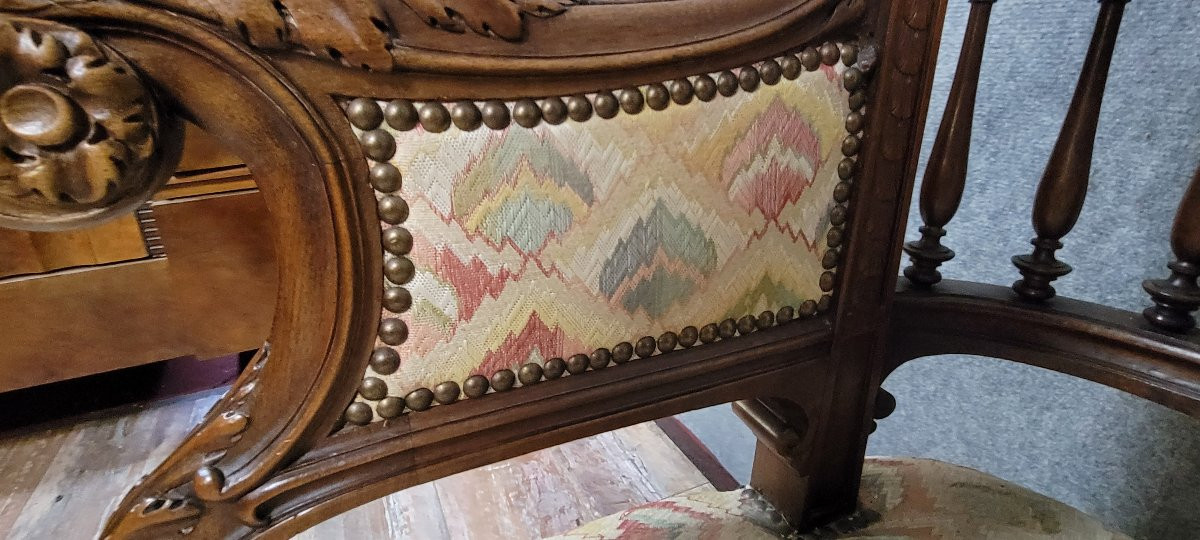 Banquette d'alcove de style Louis XIII en noyer massif -photo-4