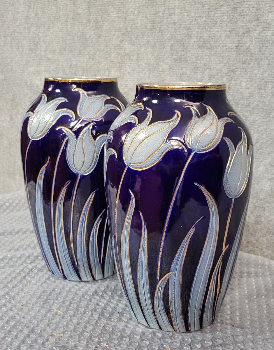 Alsace Stoneware: Pair Of Tulip Vases Signed Hubert Krumeich-remmy-betschdorf    -photo-2