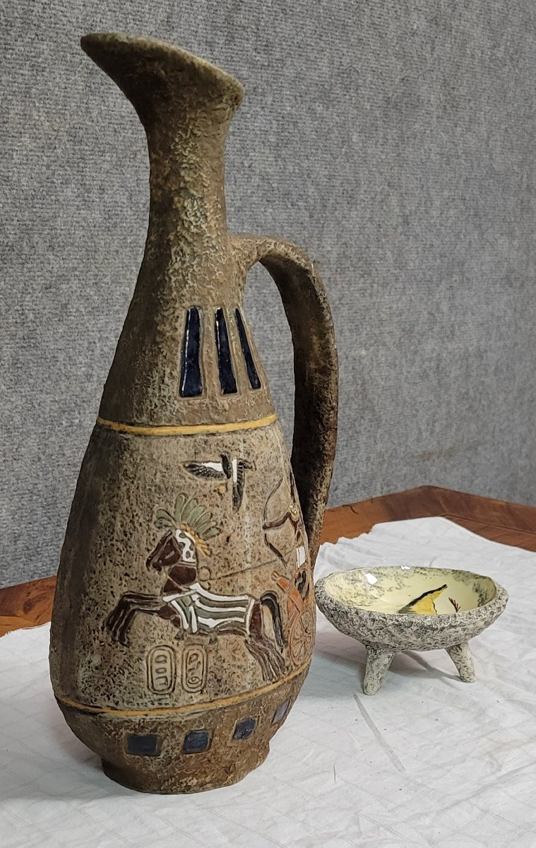 Poterie d'Atelier Garnier France : grand pichet decors Lascaux vers 1950  + coupelle A. Quiron-photo-1