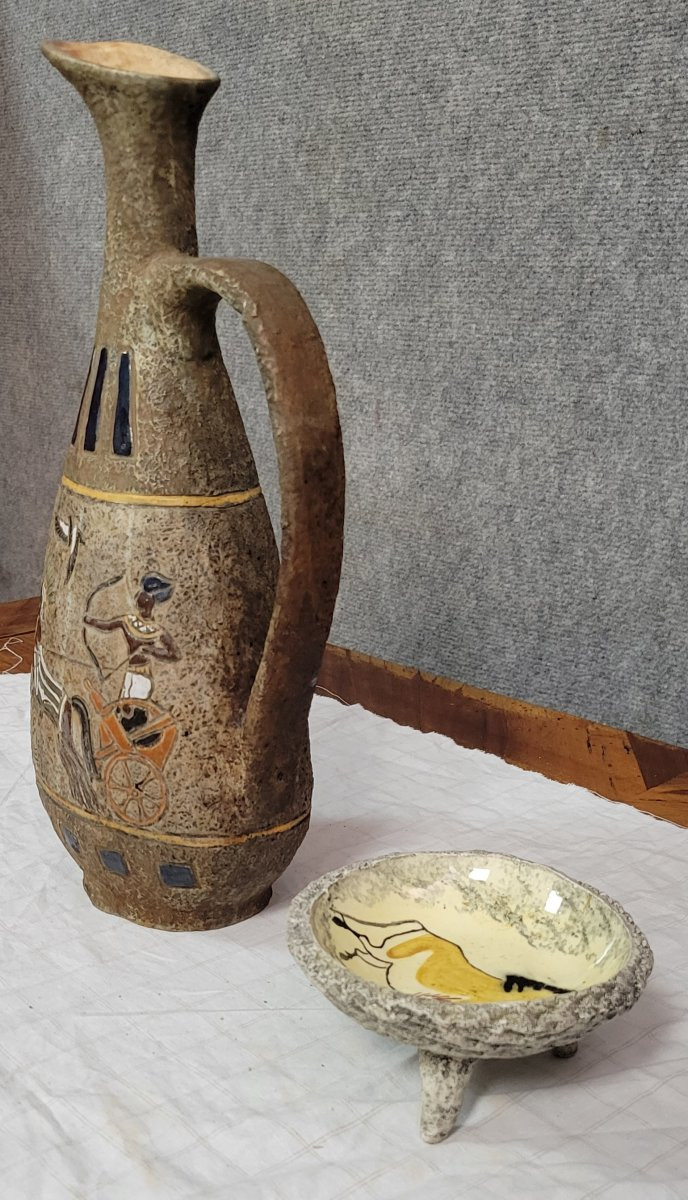  Poterie d'Atelier Garnier France : grand pichet decors Lascaux vers 1950  + coupelle A. Quiron-photo-2