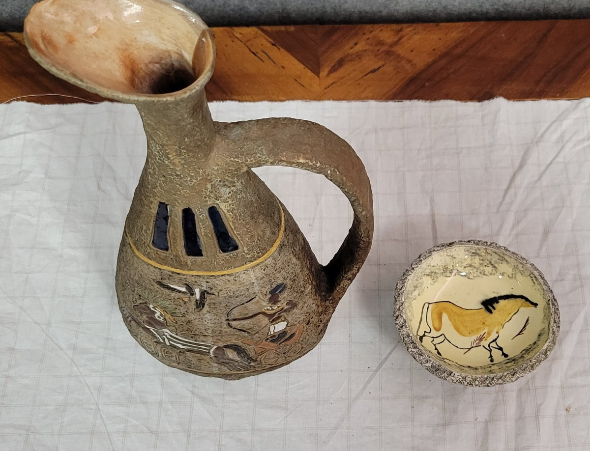  Poterie d'Atelier Garnier France : grand pichet decors Lascaux vers 1950  + coupelle A. Quiron-photo-3