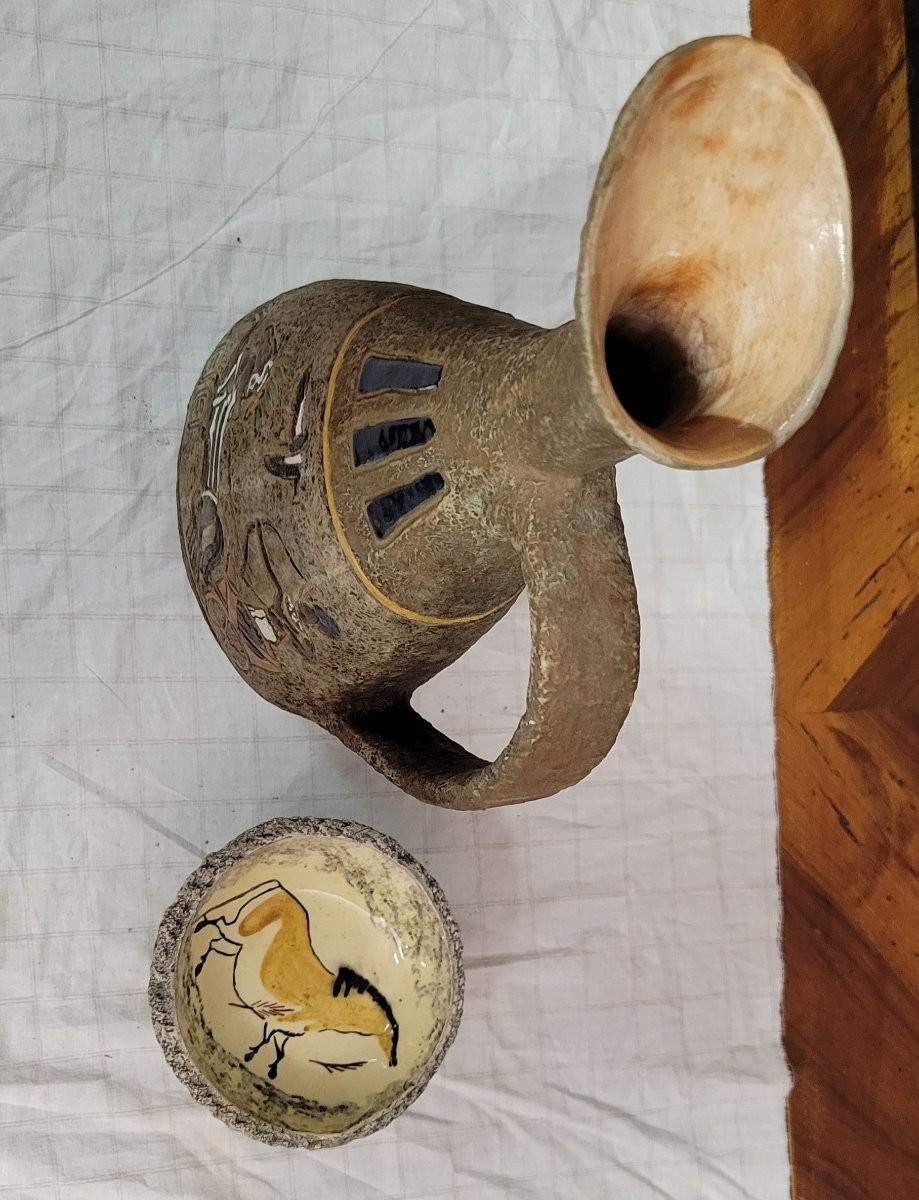 Poterie d'Atelier Garnier France : grand pichet decors Lascaux vers 1950  + coupelle A. Quiron-photo-8