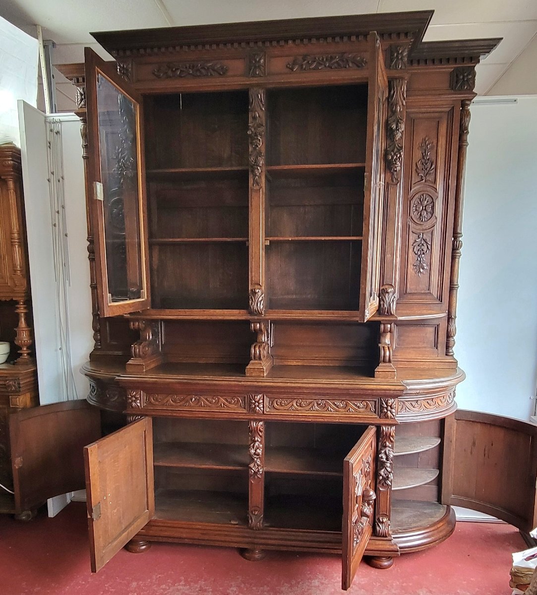 Very Important Renaissance Style Chateau Library Buffet In Solid Oak -photo-2