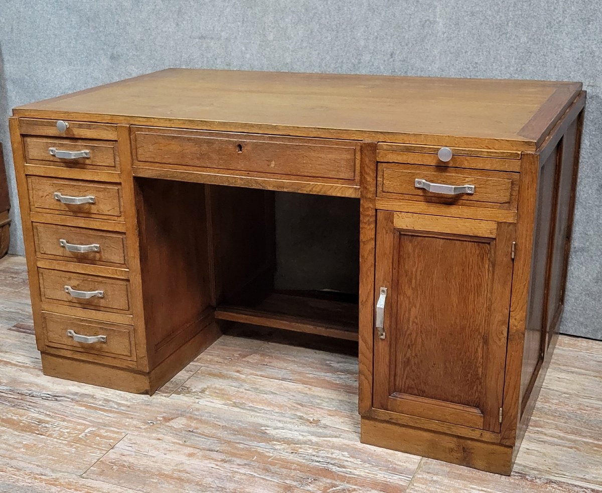 Art Deco Period Schoolmaster's Desk With Pedestals In Solid Oak-photo-1