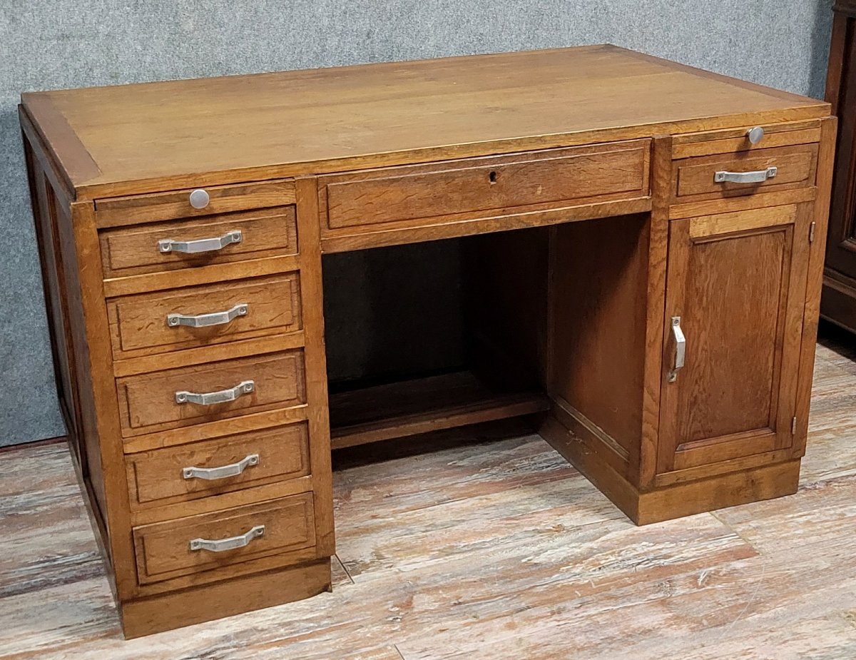 Art Deco Period Schoolmaster's Desk With Pedestals In Solid Oak-photo-2