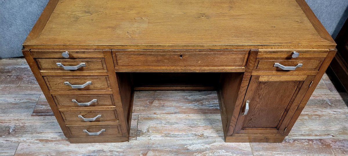 Art Deco Period Schoolmaster's Desk With Pedestals In Solid Oak-photo-3
