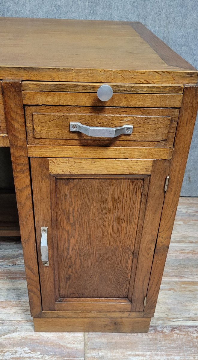 Art Deco Period Schoolmaster's Desk With Pedestals In Solid Oak-photo-5