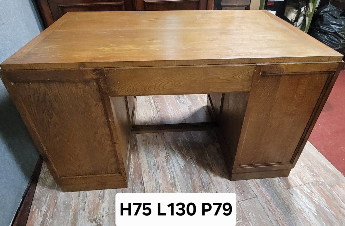 Art Deco Period Schoolmaster's Desk With Pedestals In Solid Oak-photo-8