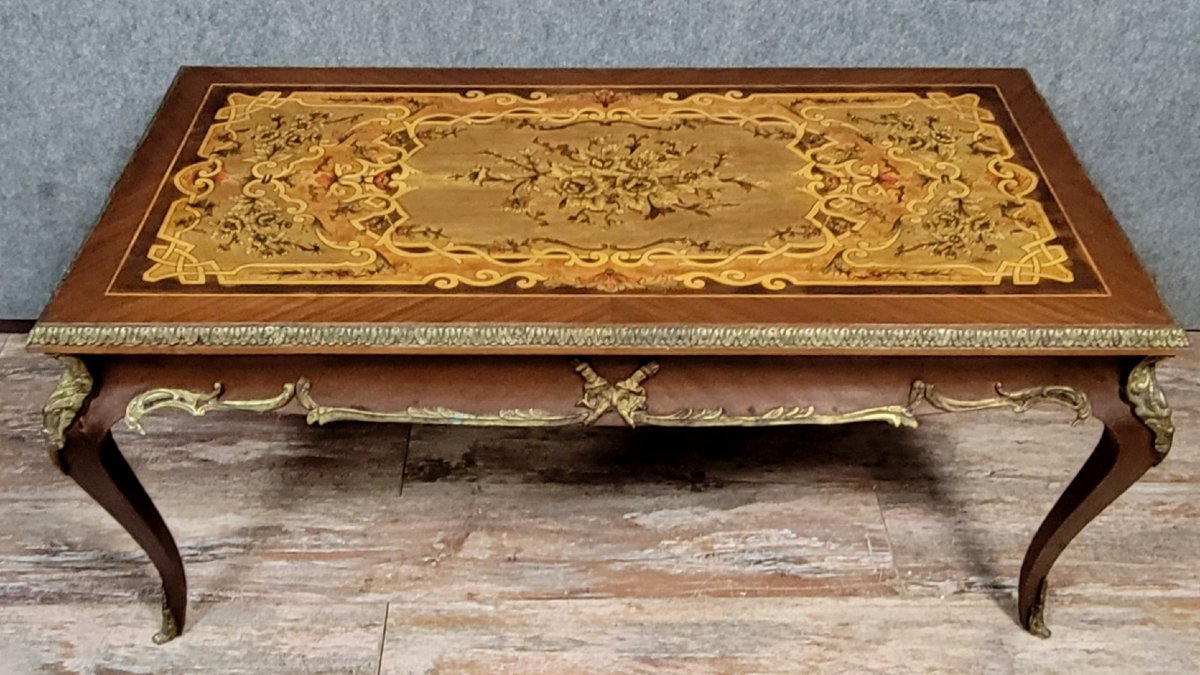 Table de salon style Louis XV en marqueterie et bronzes patinés -photo-7
