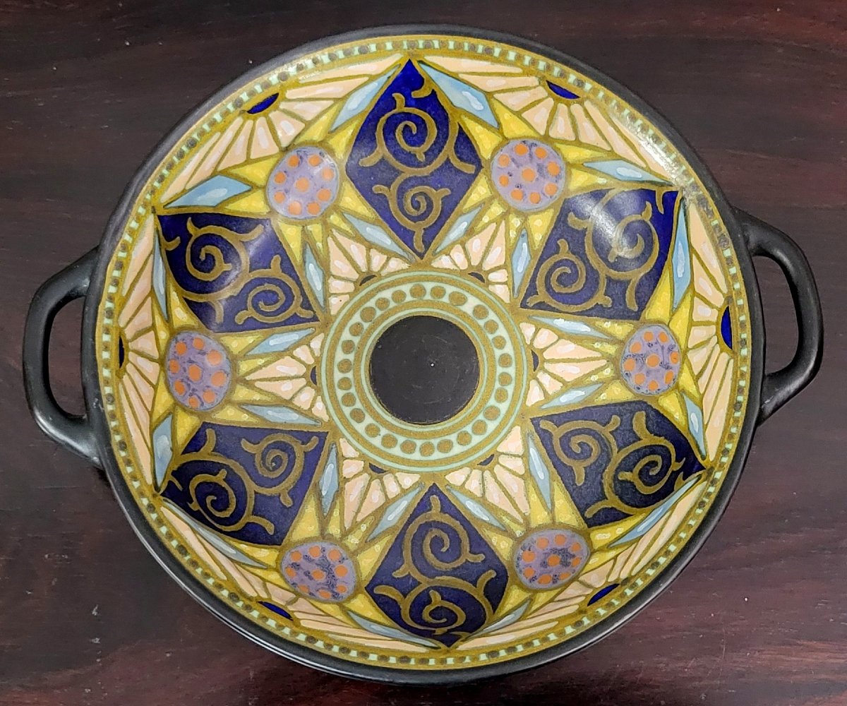 Gouda Holland: Large Art Nouveau Bowl In Painted Ceramic-photo-3