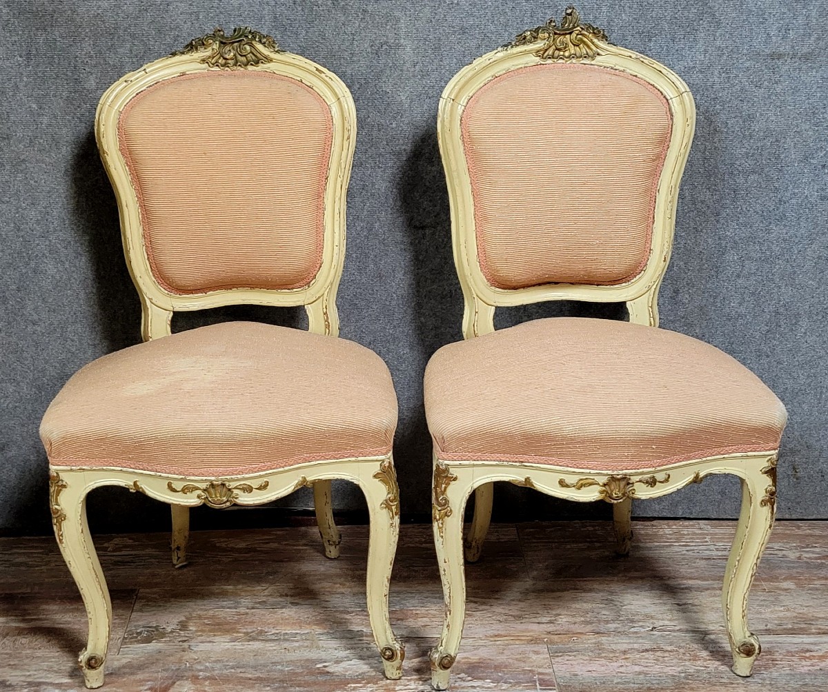 Pair Of Venetian Chairs In Louis XV Baroque Style In Lacquered And Gilded Wood