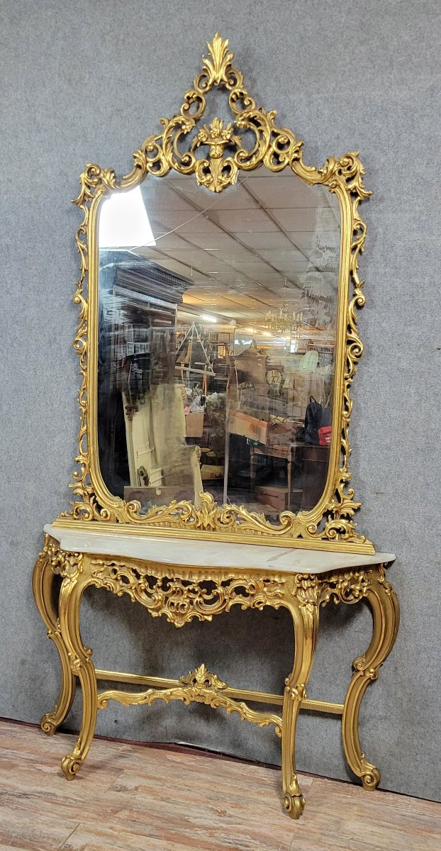Grande console Venitienne + miroir  style Louis XV baroque en bois doré -photo-2