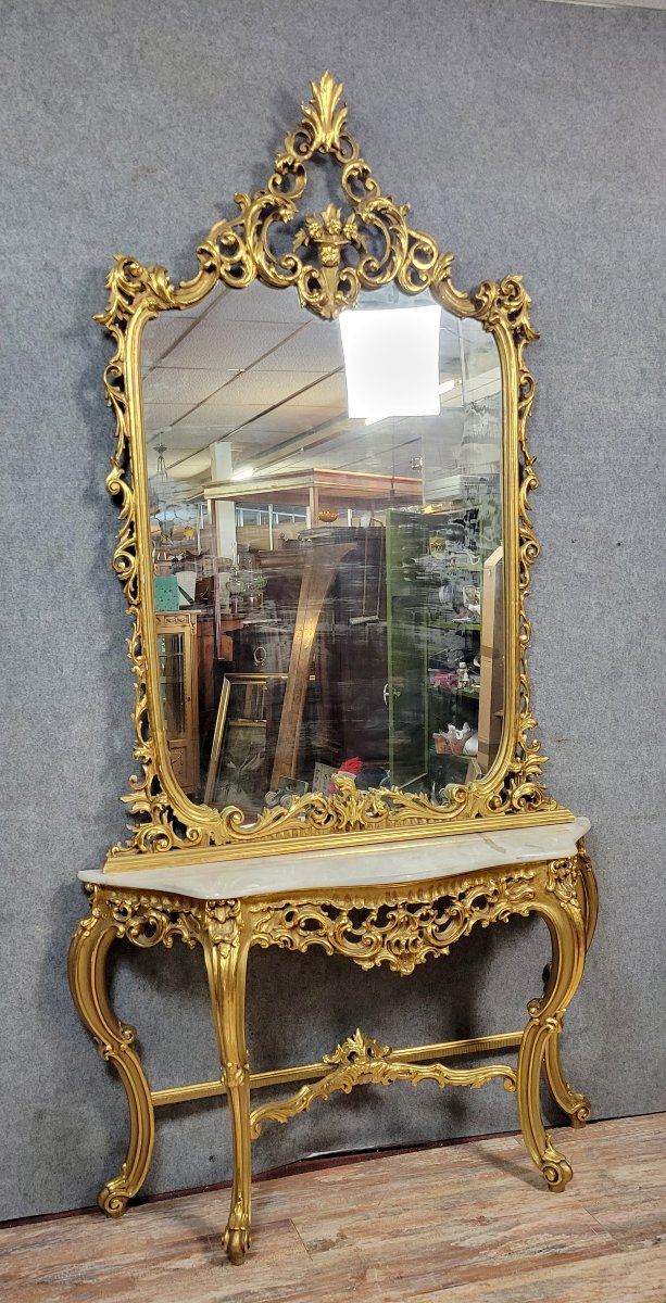 Grande console Venitienne + miroir  style Louis XV baroque en bois doré -photo-3