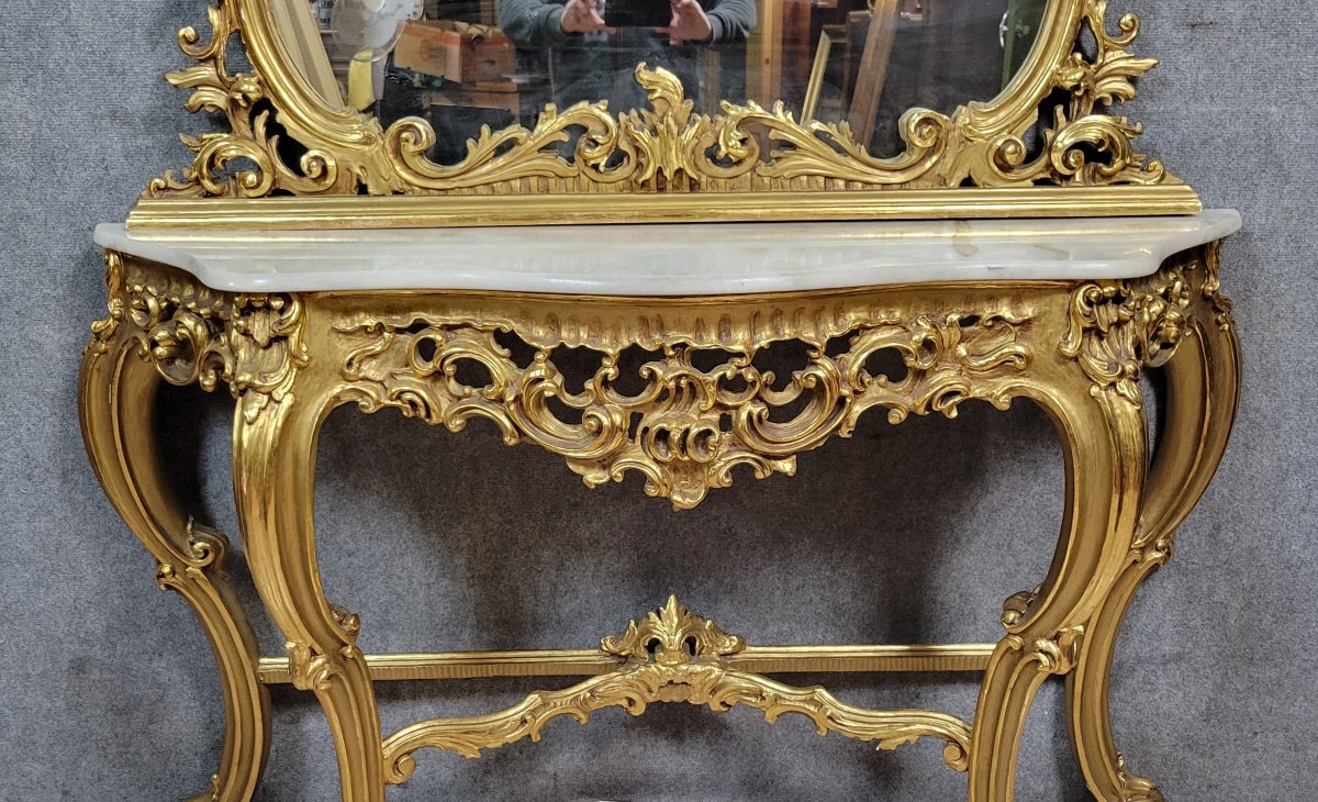 Grande console Venitienne + miroir  style Louis XV baroque en bois doré -photo-4