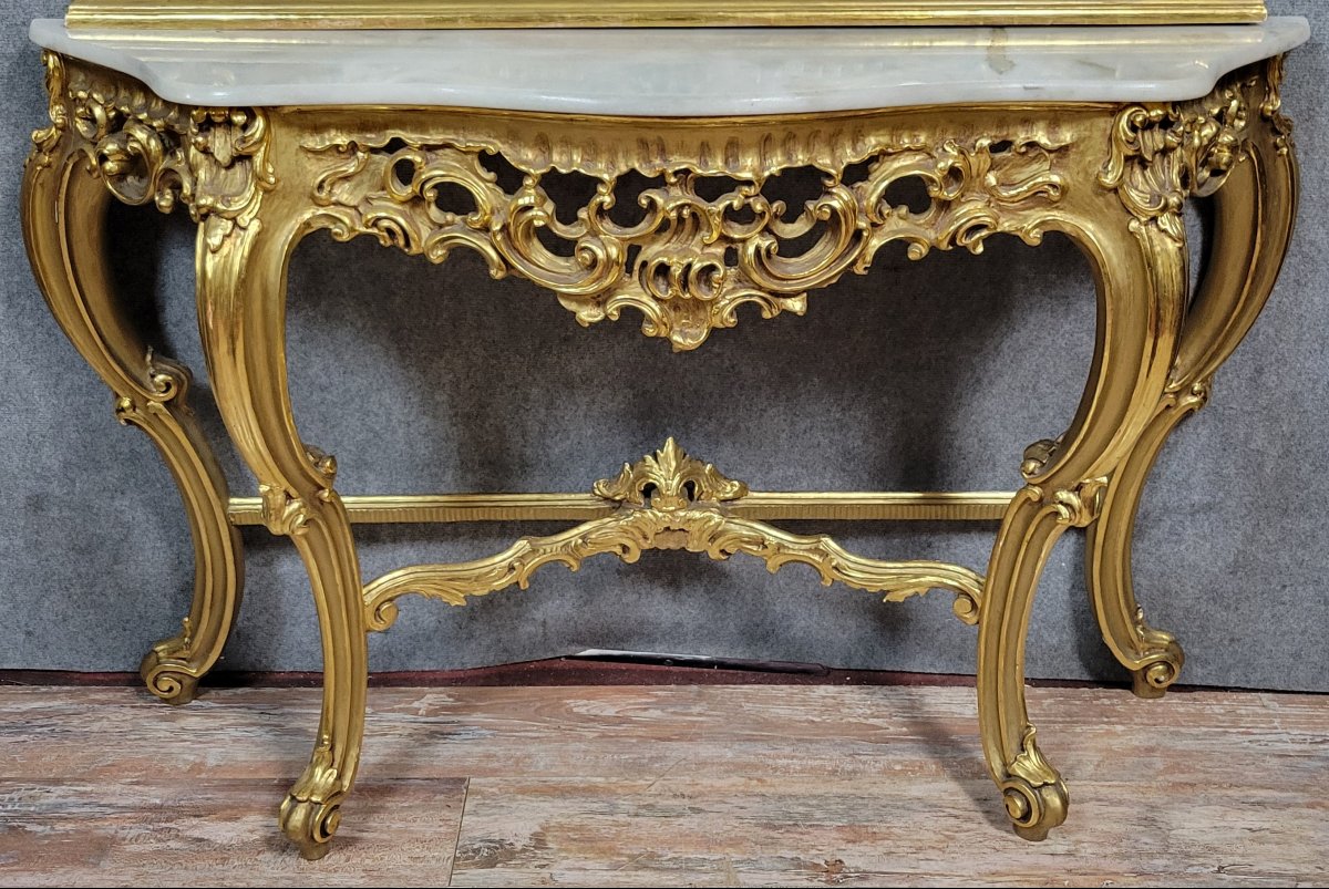 Grande console Venitienne + miroir  style Louis XV baroque en bois doré -photo-1