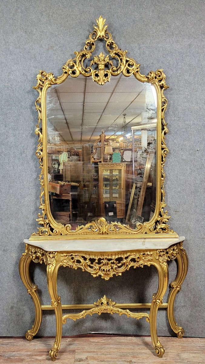 Grande console Venitienne + miroir  style Louis XV baroque en bois doré 