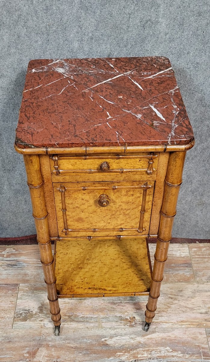 Table de nuit ou chevet époque napoléon III en érable et noyer façon bambou -photo-3