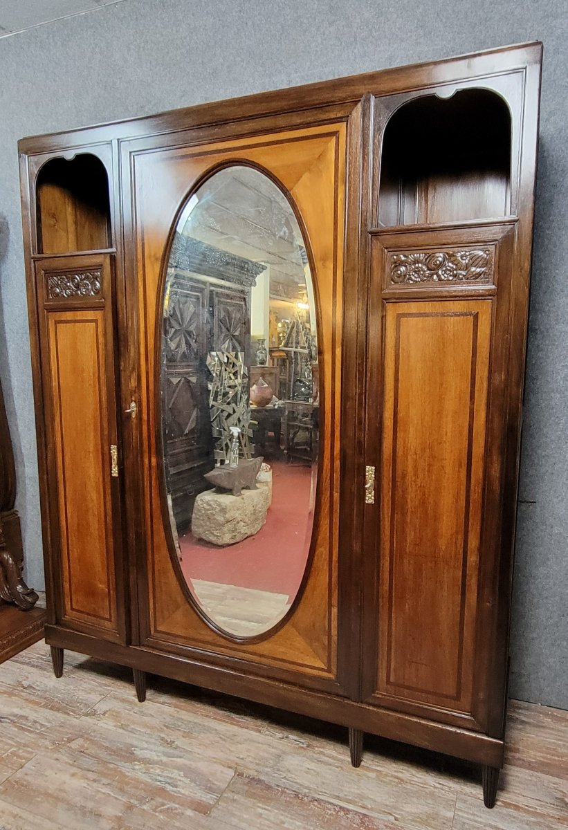 Louis Majorelle: Art Nouveau Period Mirrored Wardrobe In Macassar And Walnut -photo-2