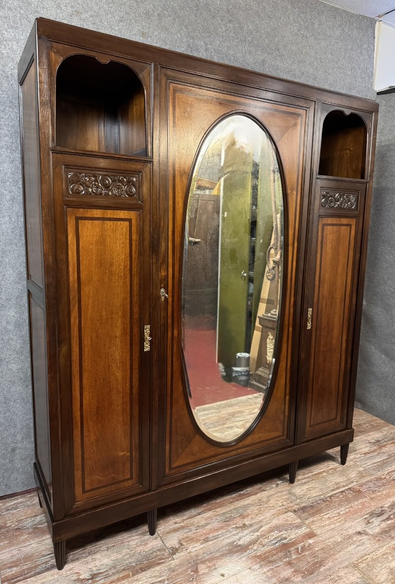 Louis Majorelle: Art Nouveau Period Mirrored Wardrobe In Macassar And Walnut -photo-3