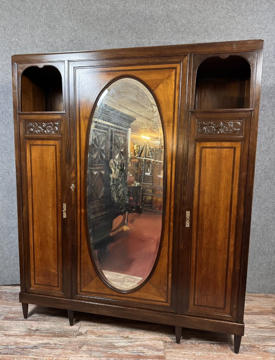 Louis Majorelle: Art Nouveau Period Mirrored Wardrobe In Macassar And Walnut -photo-4