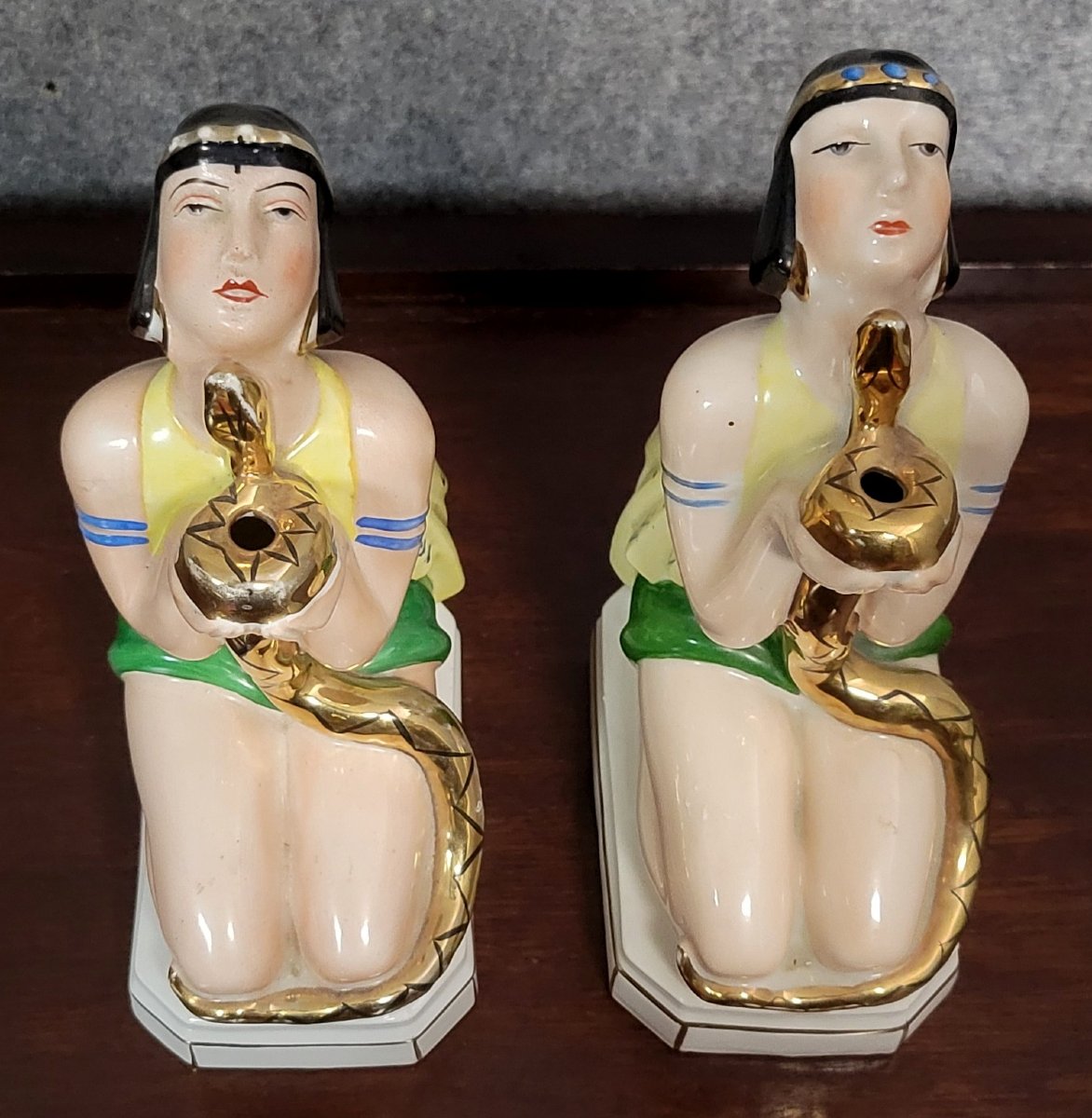 Pair Of Polychrome Porcelain Night Light Statues In Art Nouveau Style  -photo-3