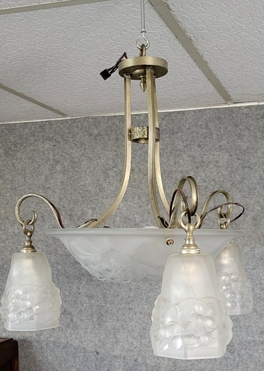 Grand lustre époque Art déco en verre moulé -photo-2