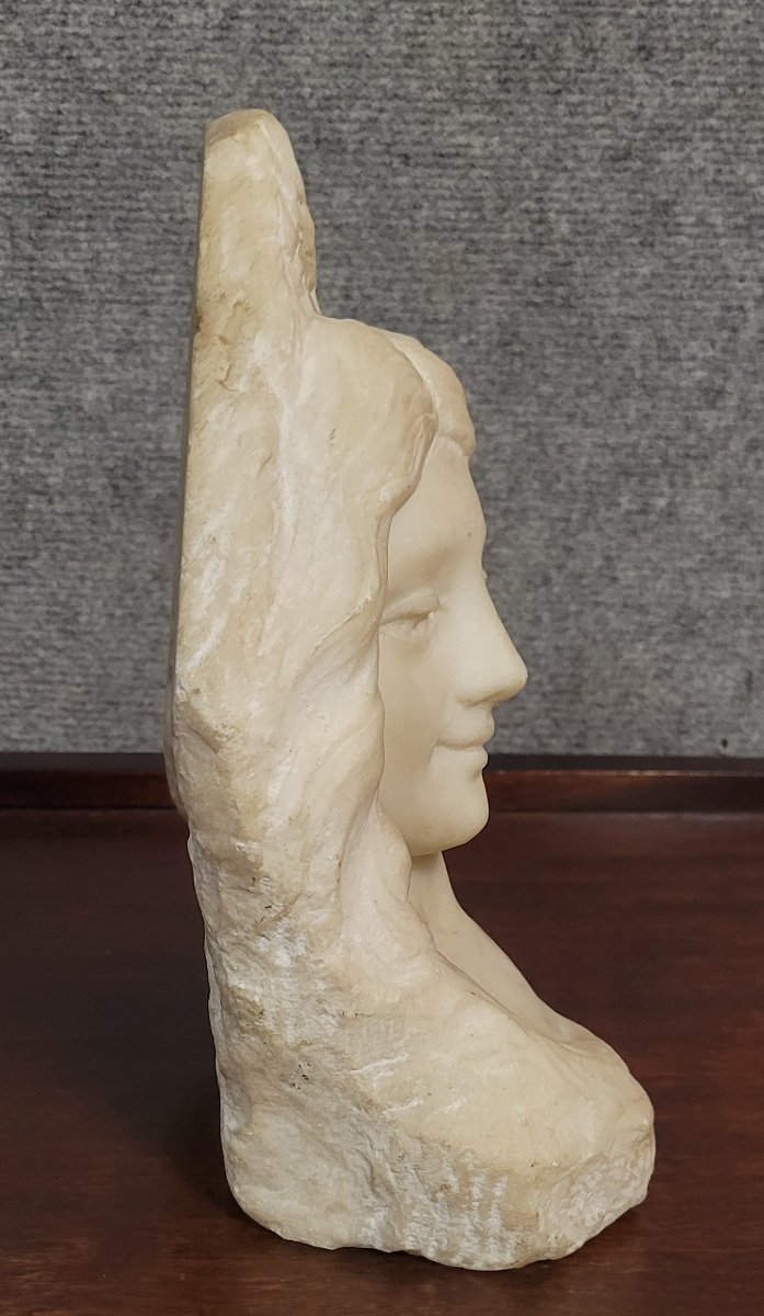 Lebrun : Buste de jeune fille sculpté en marbre blanc époque Art Nouveau -photo-4