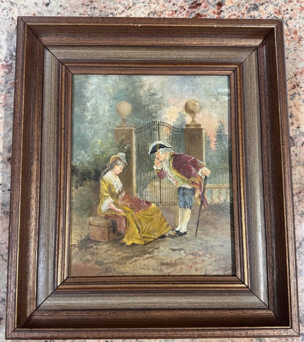 Oil On Panel: Painting Of A Gallant Scene In The Style Of The 18th Century-photo-1