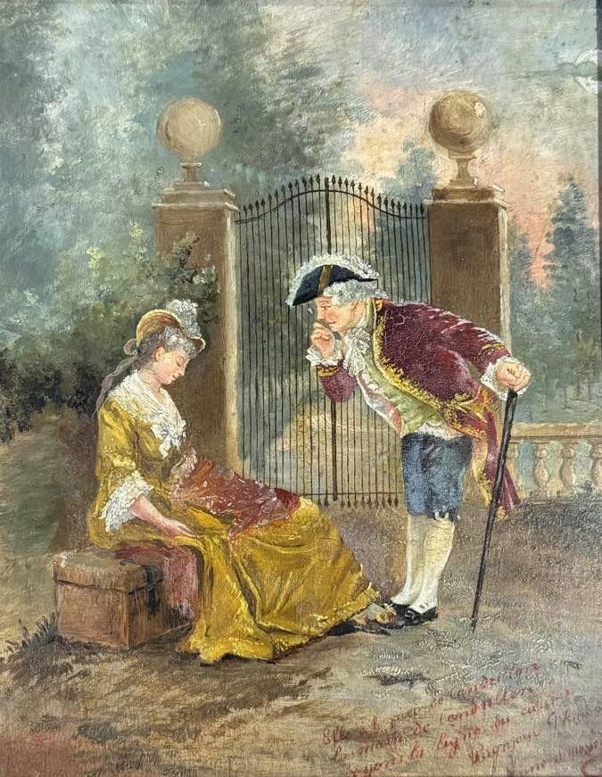 Oil On Panel: Painting Of A Gallant Scene In The Style Of The 18th Century-photo-2