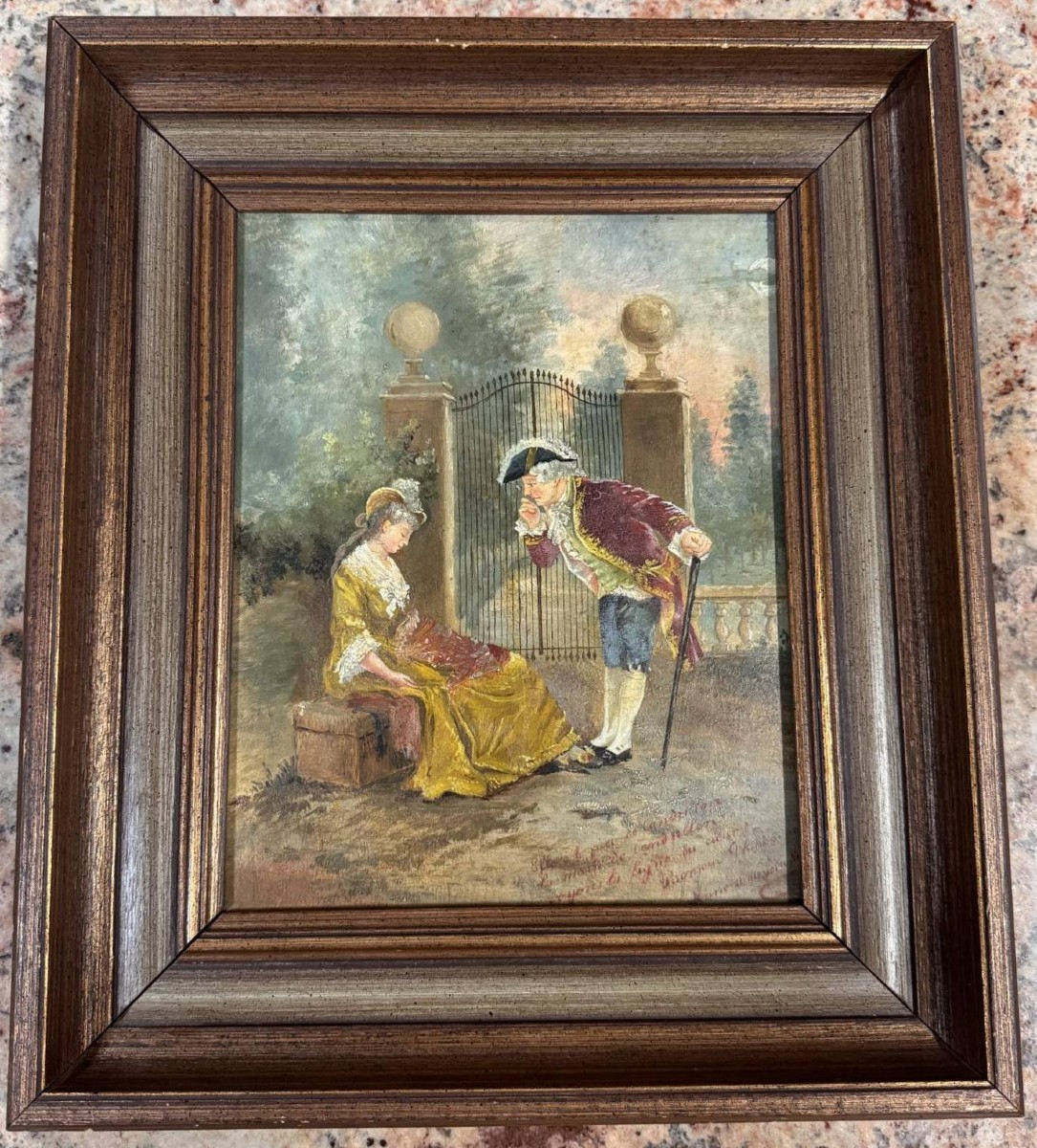 Oil On Panel: Painting Of A Gallant Scene In The Style Of The 18th Century
