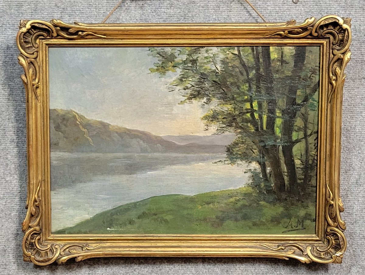 In Maury: Oil Painting On Canvas View Of Lake Annecy -photo-1