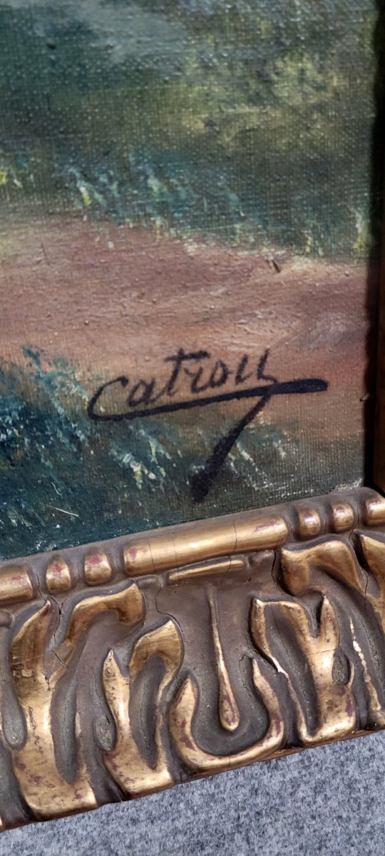 Henri CATROU XIXeme : huile sur toile paysage lacustre -photo-3