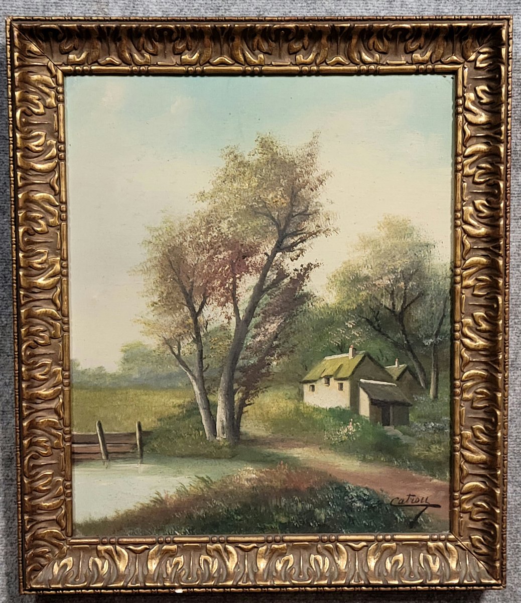 Henri CATROU XIXeme : huile sur toile paysage lacustre -photo-5