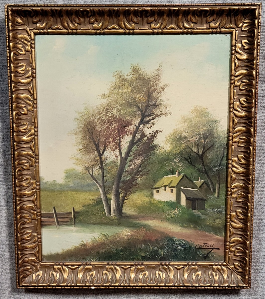 Henri CATROU XIXeme : huile sur toile paysage lacustre 