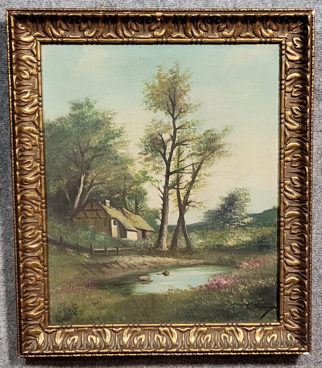 Henri CATROU XIXeme : huile sur toile paysage lacustre (B)  -photo-1