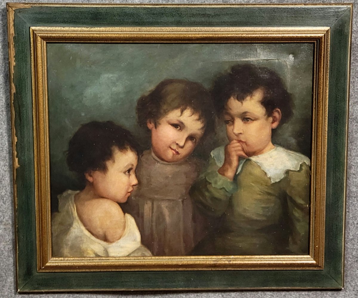 Grande Huile sur toile époque 1900-1920 : les trois enfants  -photo-1