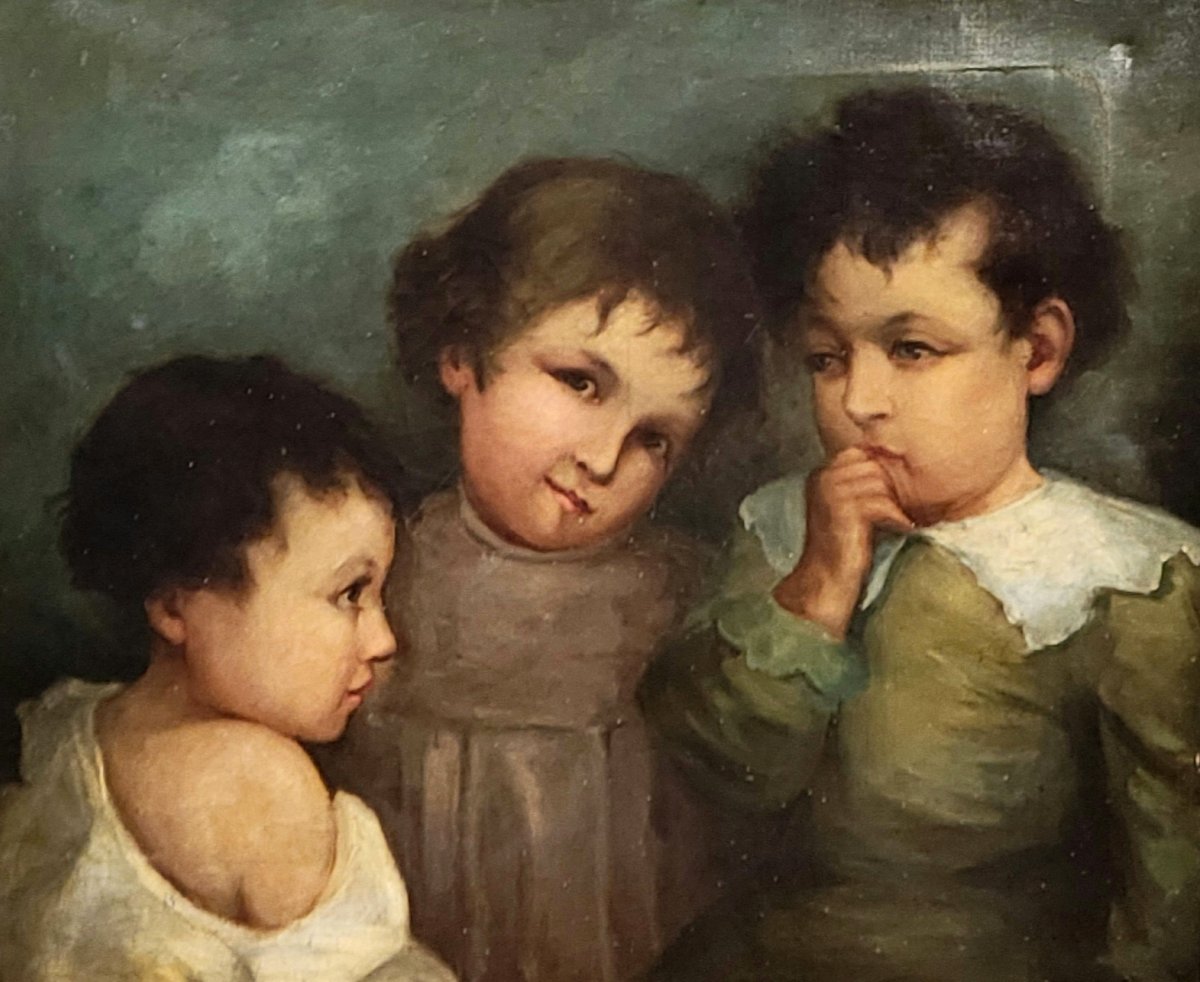 Grande Huile sur toile époque 1900-1920 : les trois enfants  -photo-2