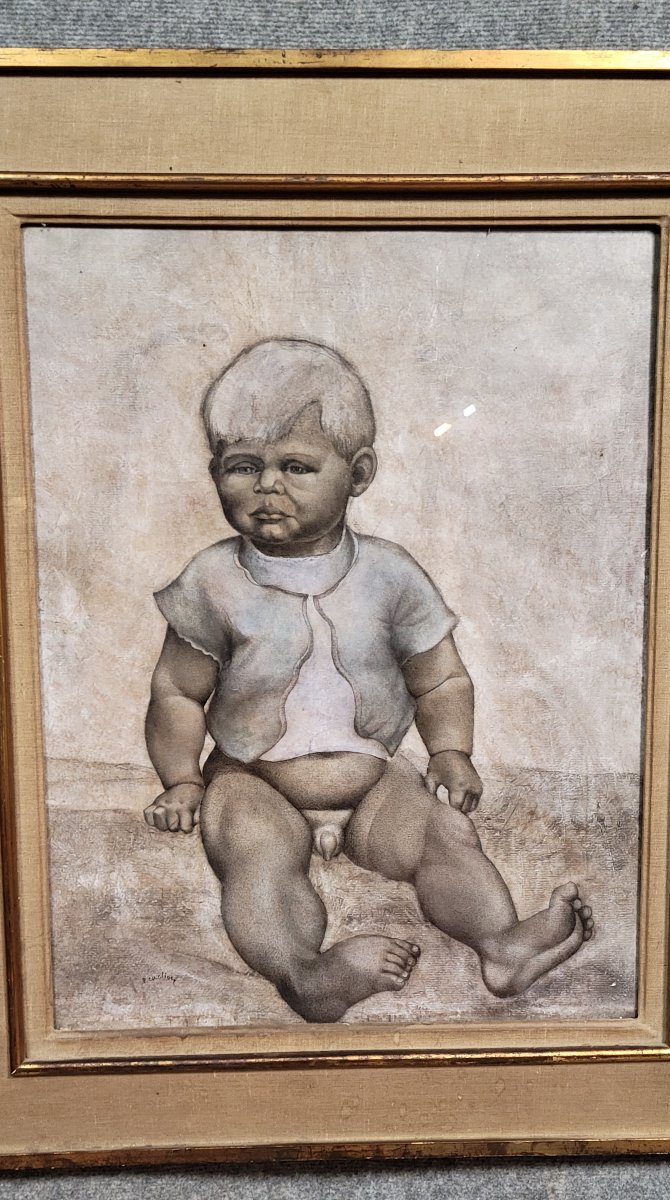 Grand Tableau Huile sur Toile milieu XXeme : le bébé potelé  -photo-3