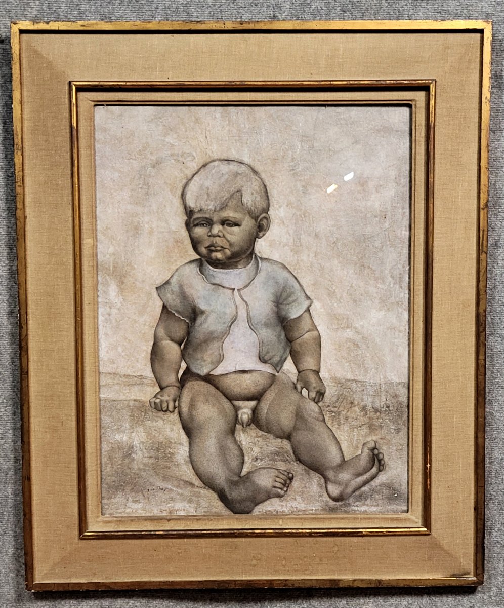 Grand Tableau Huile sur Toile milieu XXeme : le bébé potelé  -photo-4