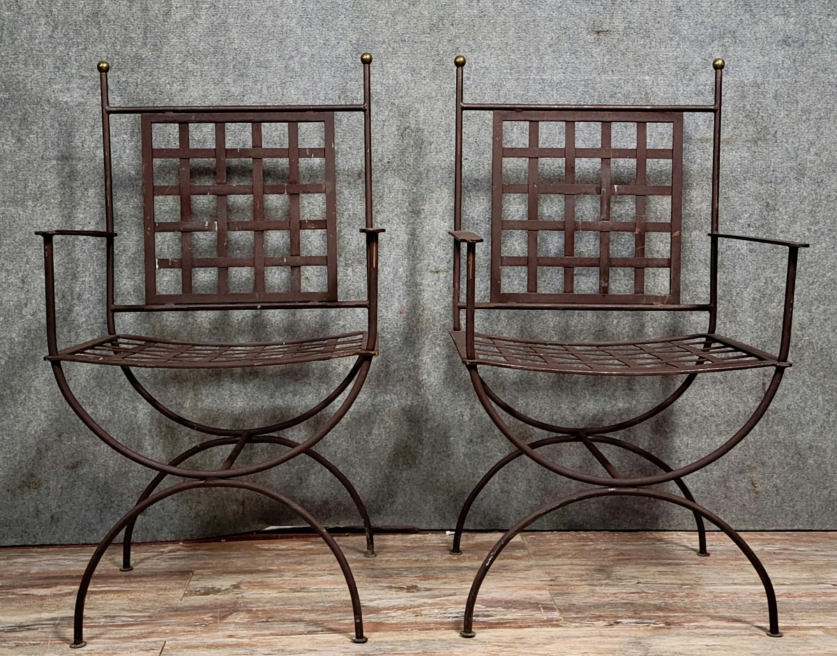 Pair Of Curule Chairs In Woven Iron And Gilt Brass (b)  