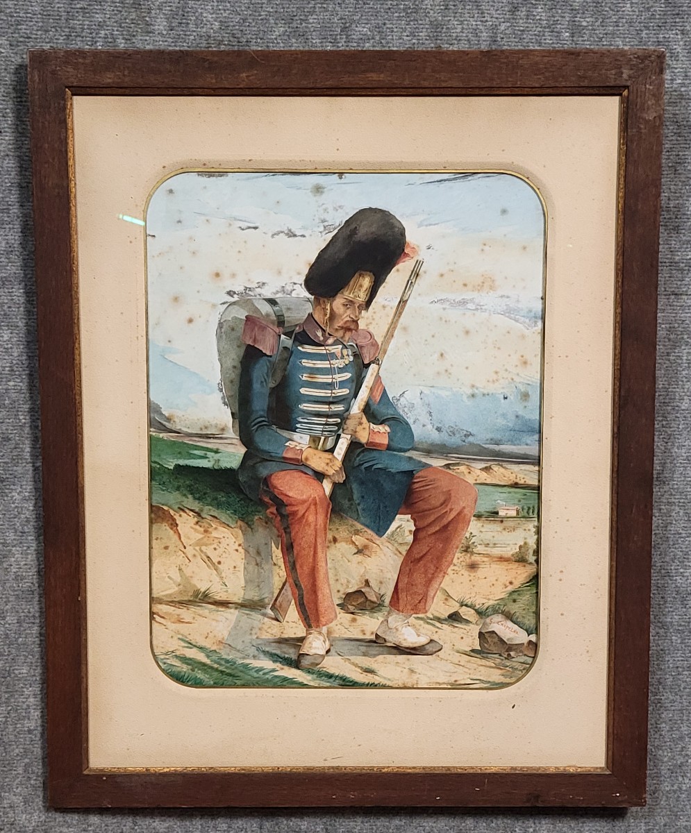 Le repos du Guerrier : Grande Aquarelle époque Napoléon III  
