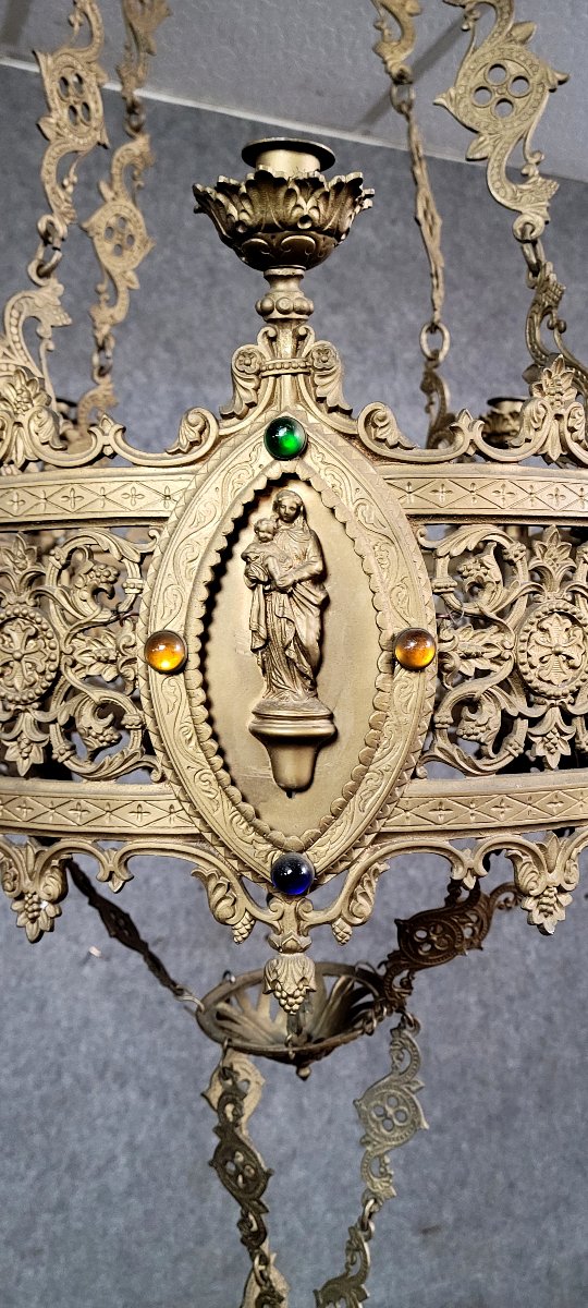 Très important lustre religieux style néo gothique en bronze et laiton doré  / h135 cm-photo-1