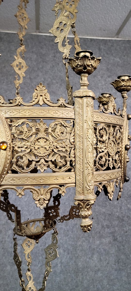 Très important lustre religieux style néo gothique en bronze et laiton doré  / h135 cm-photo-2
