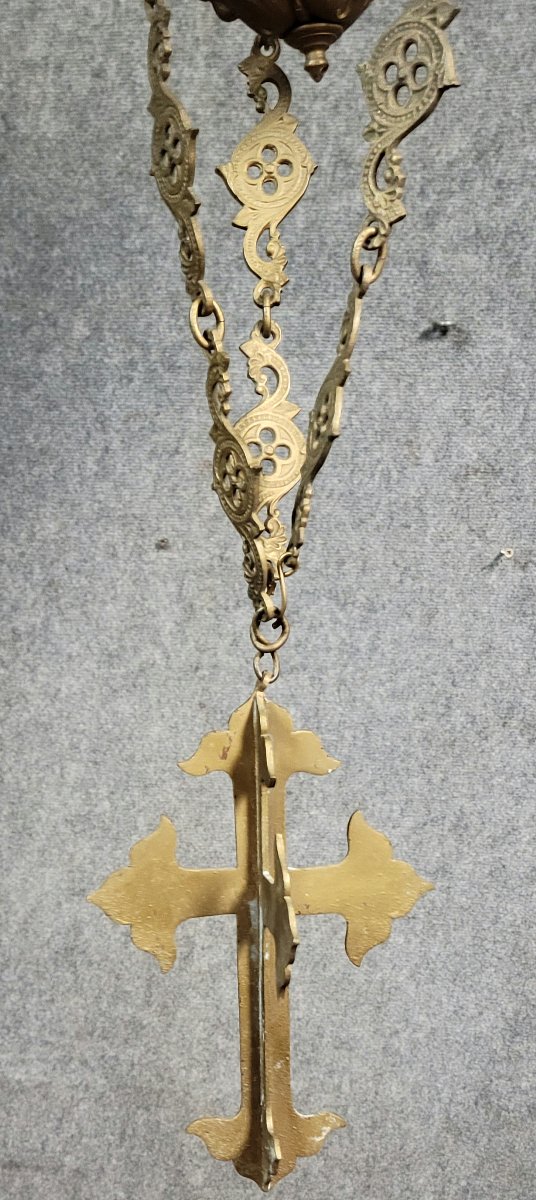 Très important lustre religieux style néo gothique en bronze et laiton doré  / h135 cm-photo-3