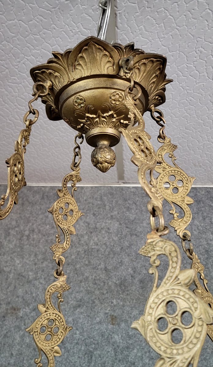 Très important lustre religieux style néo gothique en bronze et laiton doré  / h135 cm-photo-6