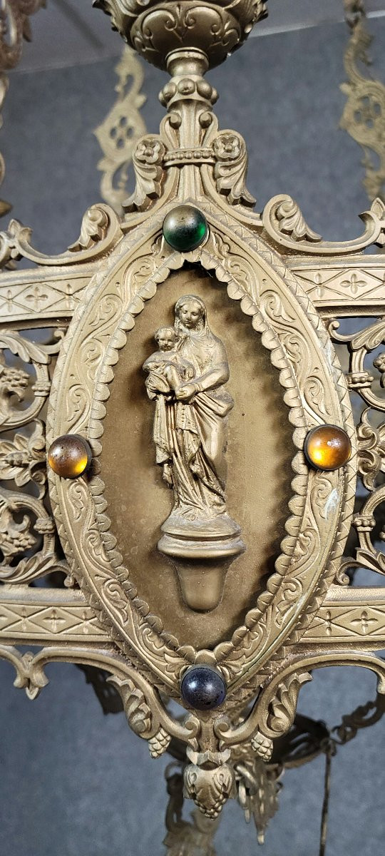 Très important lustre religieux style néo gothique en bronze et laiton doré  / h135 cm-photo-7