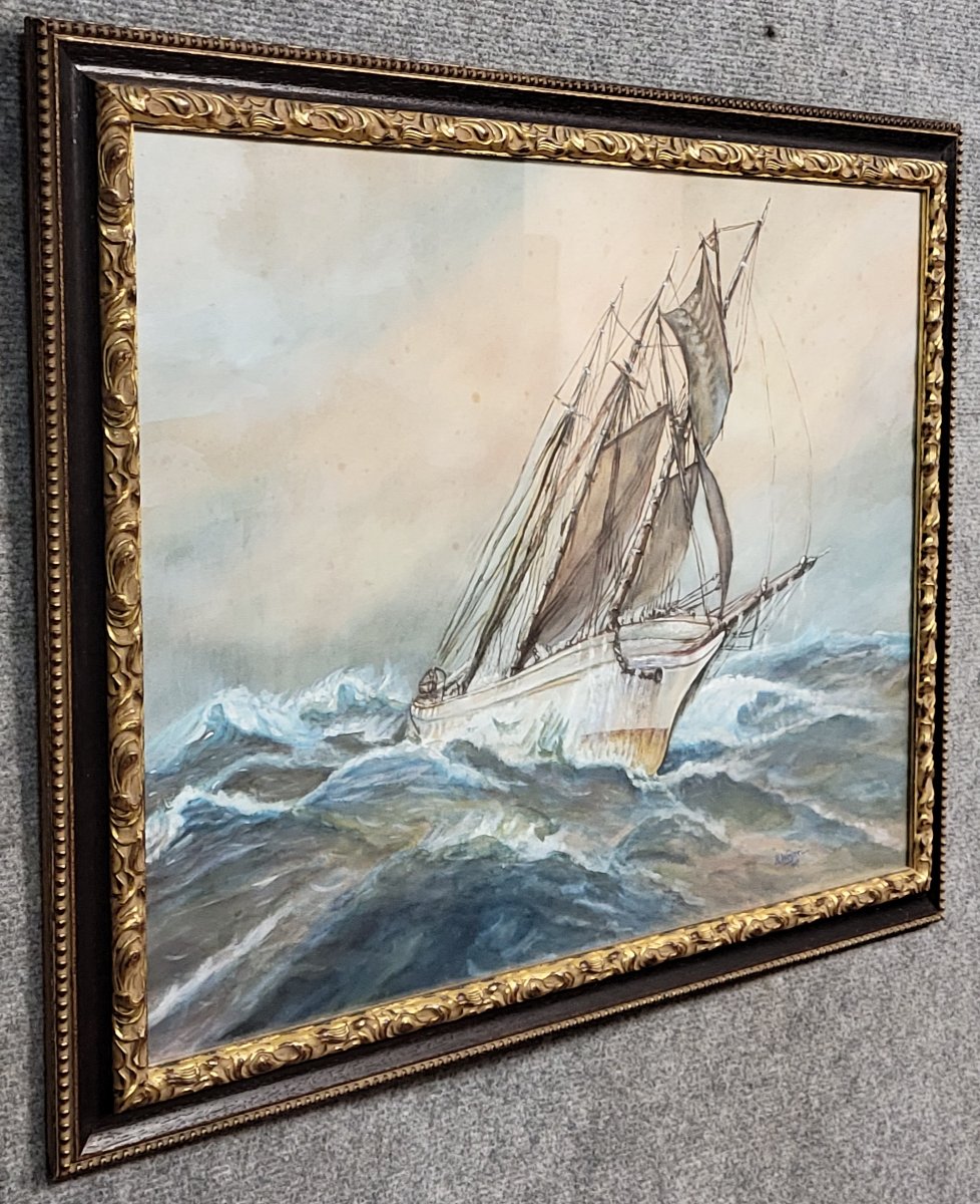 Frederick R. Wagner (1864-1940): Watercolor Painting Of A Sailboat On A Stormy Sea  -photo-1