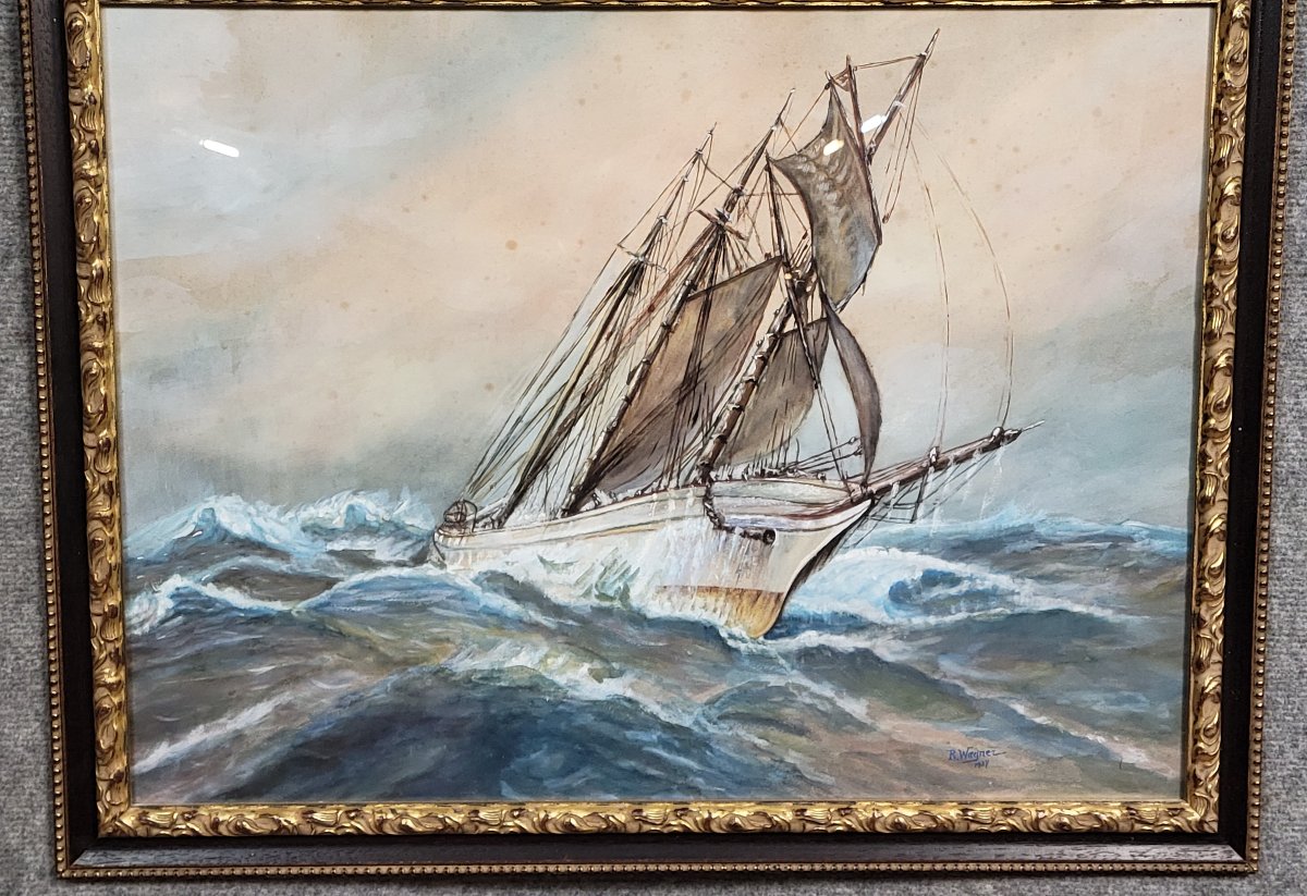 Frederick R. Wagner (1864-1940): Watercolor Painting Of A Sailboat On A Stormy Sea  -photo-4
