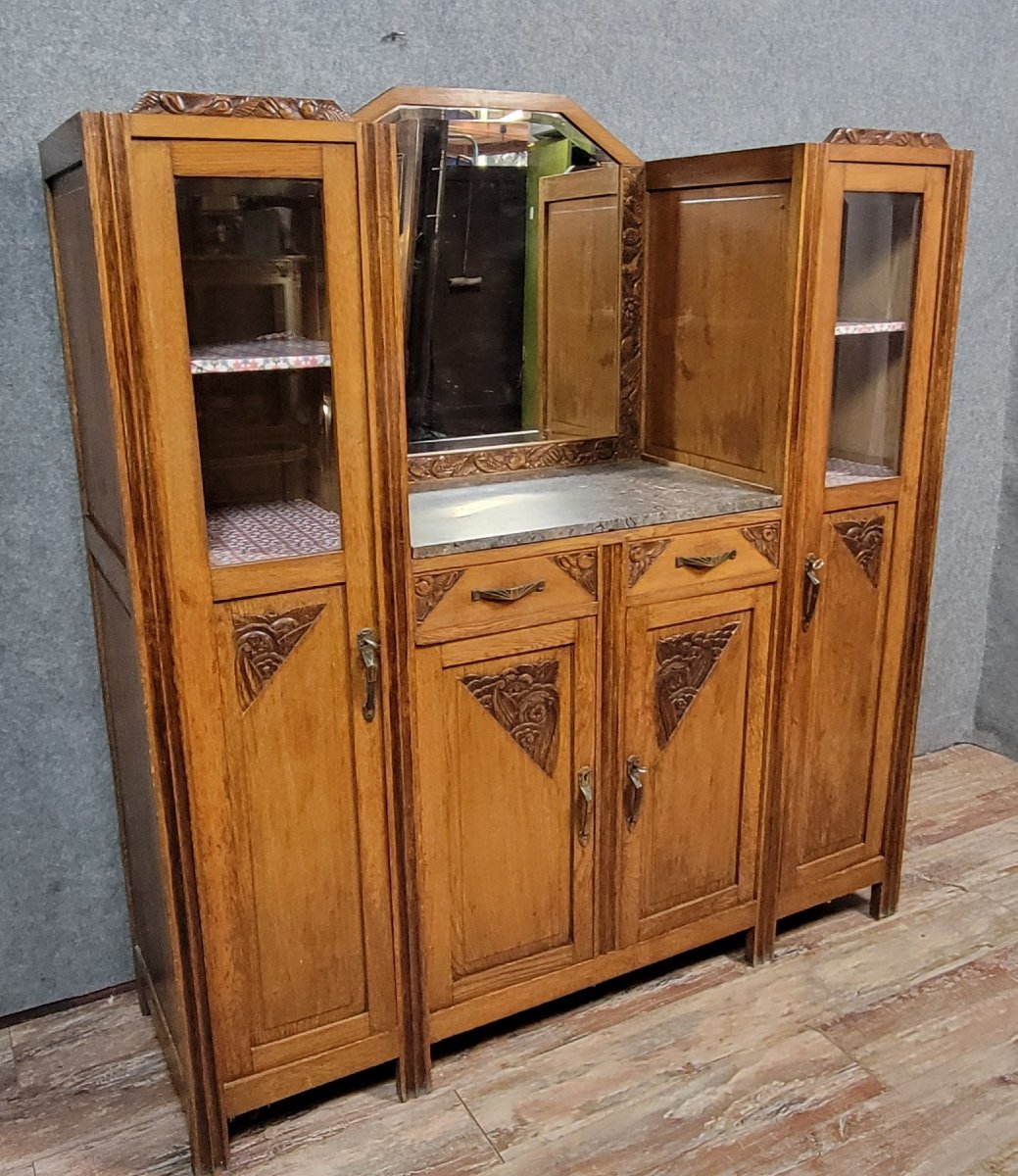 Two-part Art Nouveau Oak Display Cabinet-photo-2